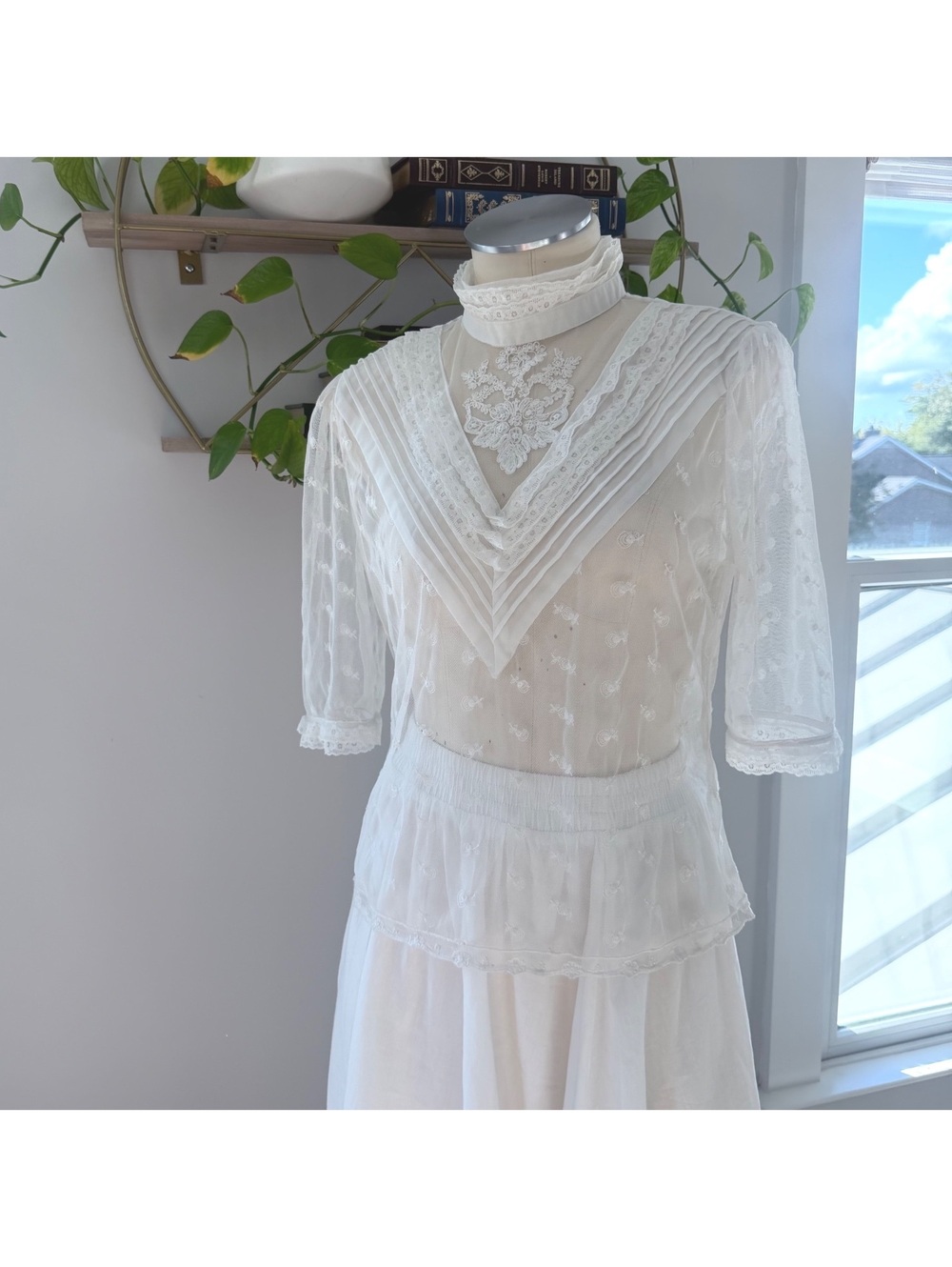 Vintage John Paul Richard Uniform Sheer White Lace Blouse Size S